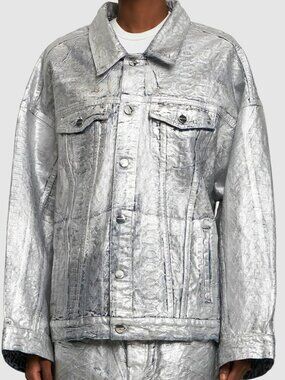 Marc Jacobs Monogram Logo Metallic Silver Trucker Denim Jacket
